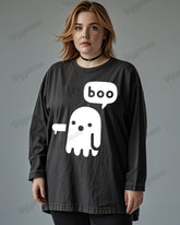 Ghost Boo Print Wash Cotton Round Neck Long Sleeve Plus Size Top